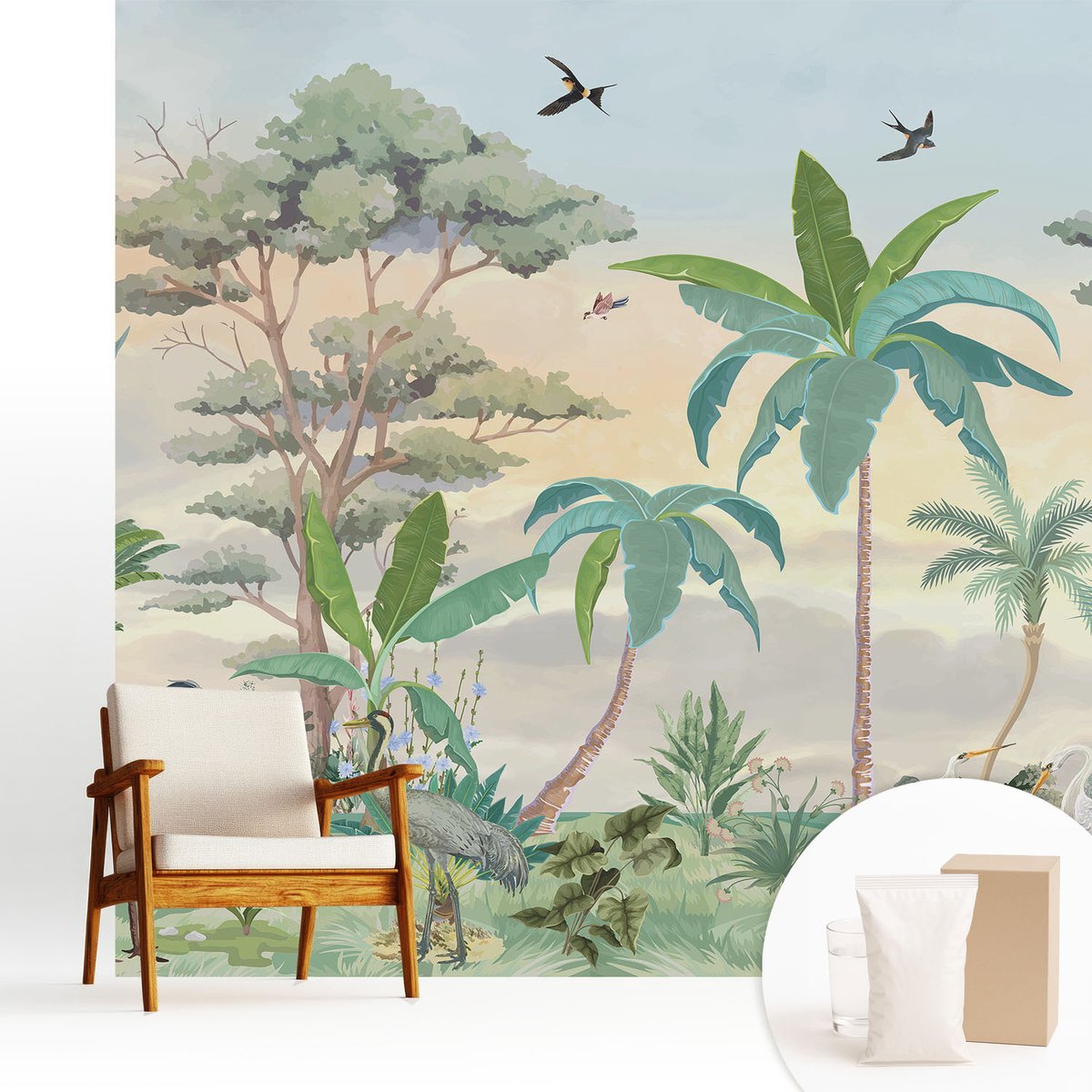 Wallfluent Fotobehang - Zwart Vliesbehang - 250x250 cm - Exotische Flora Muurschildering - Slaapkamer behang Bloemen En Planten - Fotobehang Vlies - Slaapkamer behang