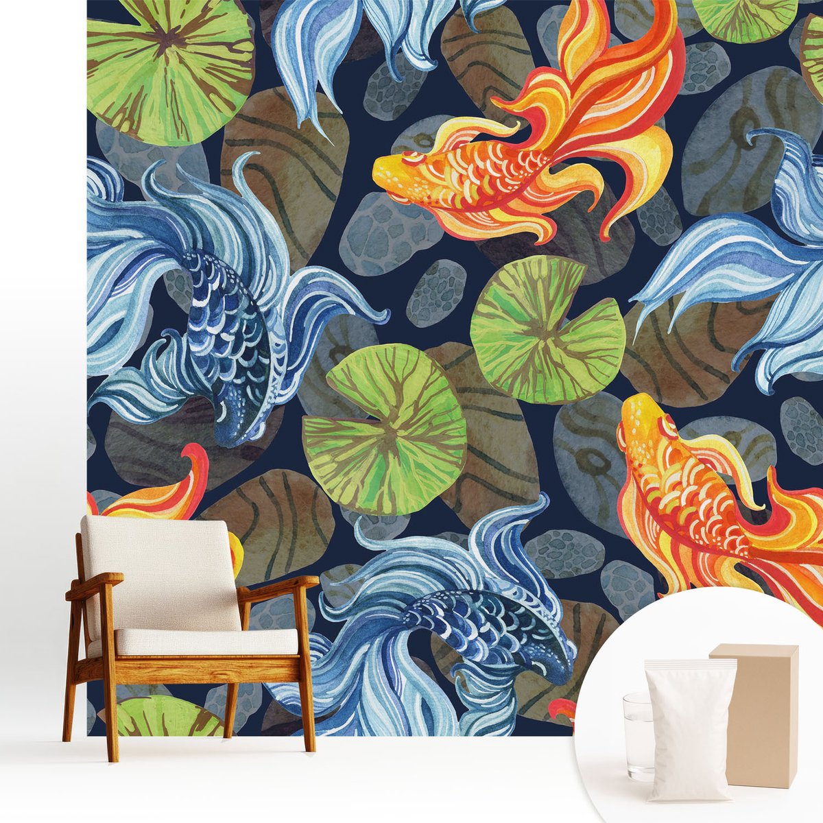 Wallfluent Fotobehang - Zwart Vliesbehang - 250x250 cm - Vispatronen Fotobehang Vlies - Woonkamer behang Dieren - Muurschildering - Hal behang