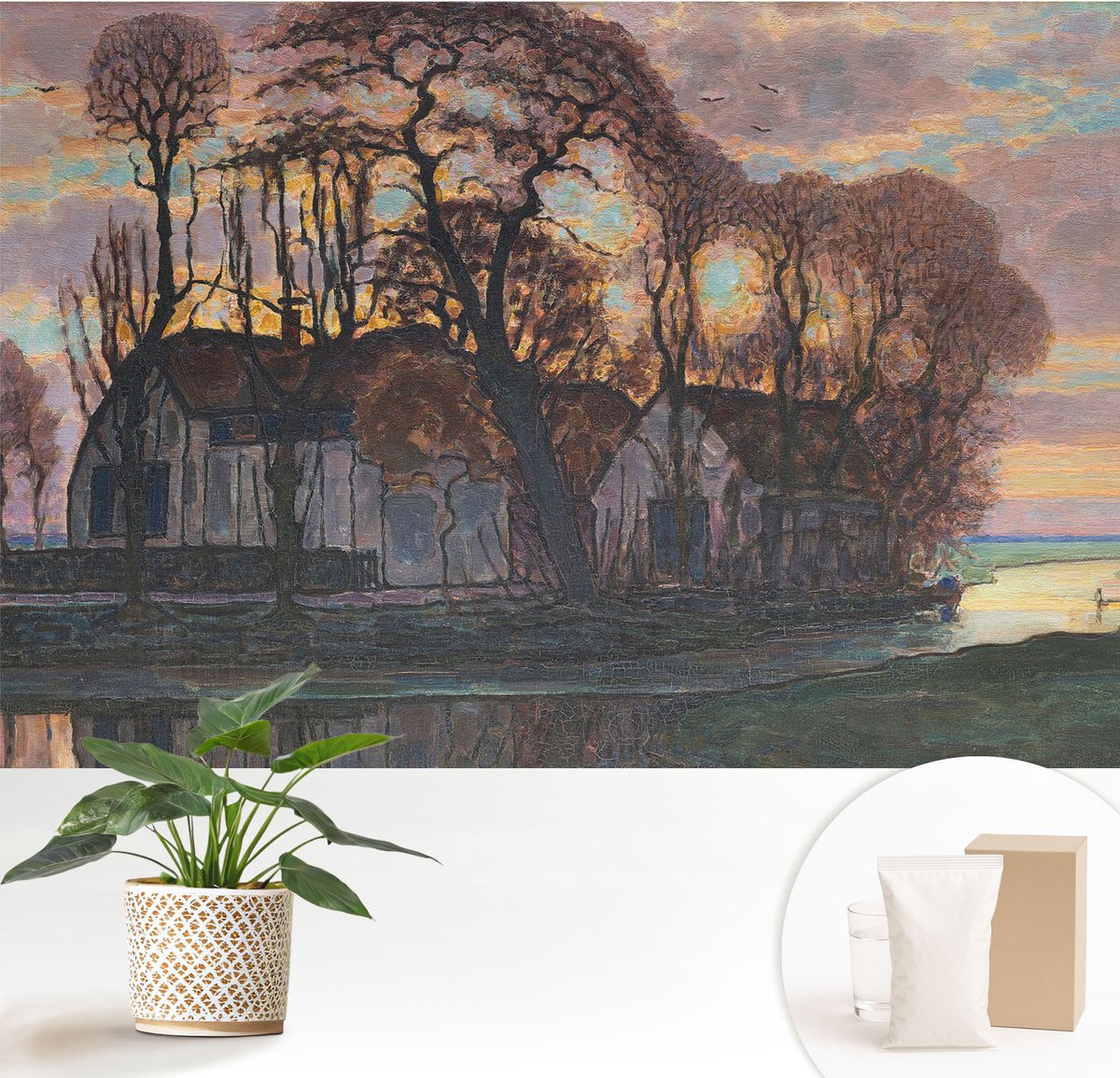 Wallfluent Fotobehang - Grijs Vliesbehang - 152x104 cm - Avondlandschap Fotobehang Vlies - Woonkamer behang Landschappen - Muurschildering - Woonkamer behang