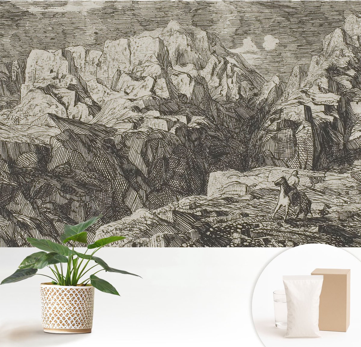 Wallfluent Fotobehang - Grijs Vliesbehang - 152x104 cm - Berglandschap Muurschildering - Gang behang Landschappen - Fotobehang Vlies - Slaapkamer behang