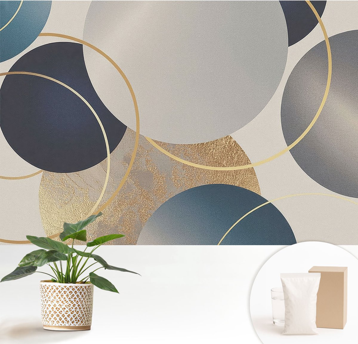 Wallfluent Fotobehang - Grijs Vliesbehang - 152x104 cm - Creatieve Kringen Fotobehang Vlies - Hal behang Abstractie - Muurschildering - Woonkamer behang