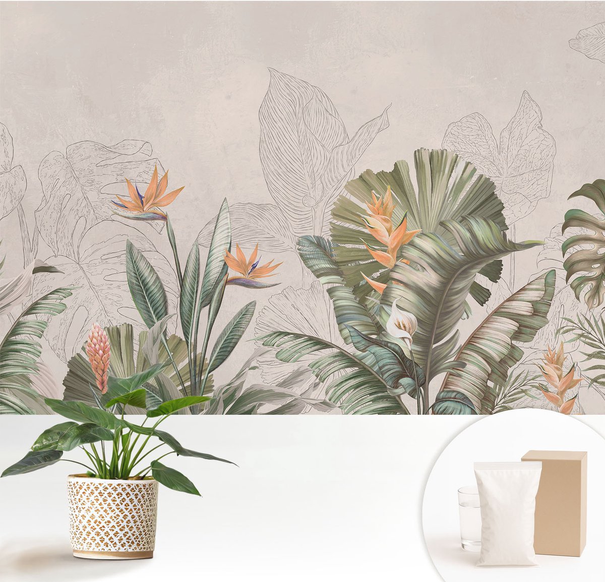 Wallfluent Fotobehang - Beige Vliesbehang - 152x104 cm - Tropische Bloemen Muurschildering - Gang behang Bloemen En Planten - Fotobehang Vlies - Slaapkamer behang