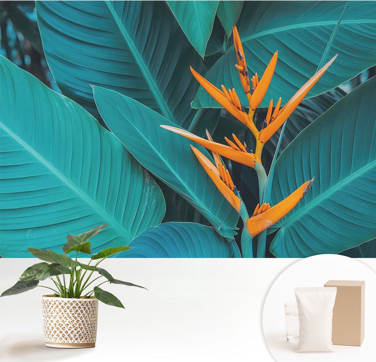 Wallfluent Fotobehang - Oranje Vliesbehang - 152x104 cm - Bladrijke Bloemen Fotobehang Vlies - Woonkamer behang Bloemen En Planten - Muurschildering - Woonkamer behang