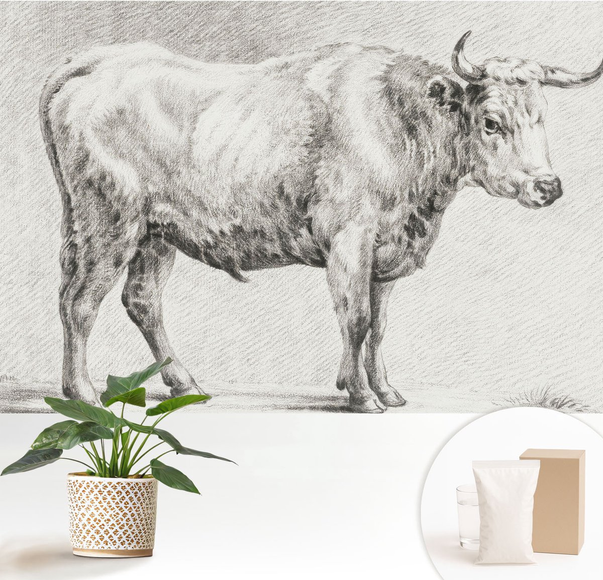 Wallfluent Fotobehang - Grijs Vliesbehang - 152x104 cm - Stierpotlood Fotobehang Vlies - Woonkamer behang Dieren - Muurschildering - Hal behang