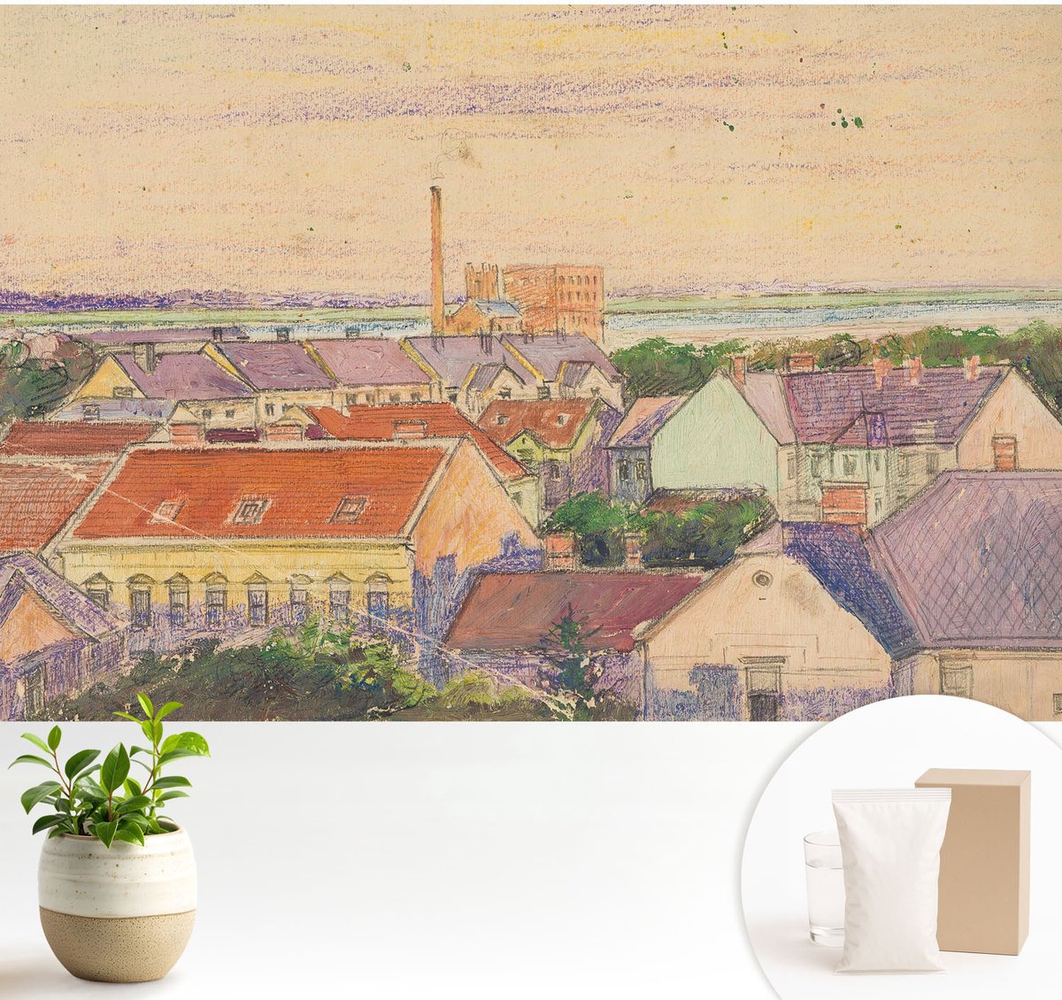 Wallfluent Fotobehang - Beige Vliesbehang - 104x70 cm - Stedelijke Daken Muurschildering - Gang behang Architectuur - Fotobehang Vlies - Slaapkamer behang