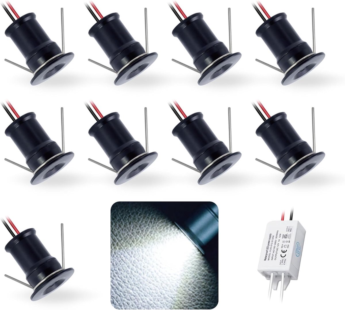SnelShoppen - 9pcs 12V Mini LED Inbouwspotlights, IP65 Waterdichte Ronde Verlichting, 15mm Basisverlichting voor Keuken, Badkamer, Trappen, Kasten en
