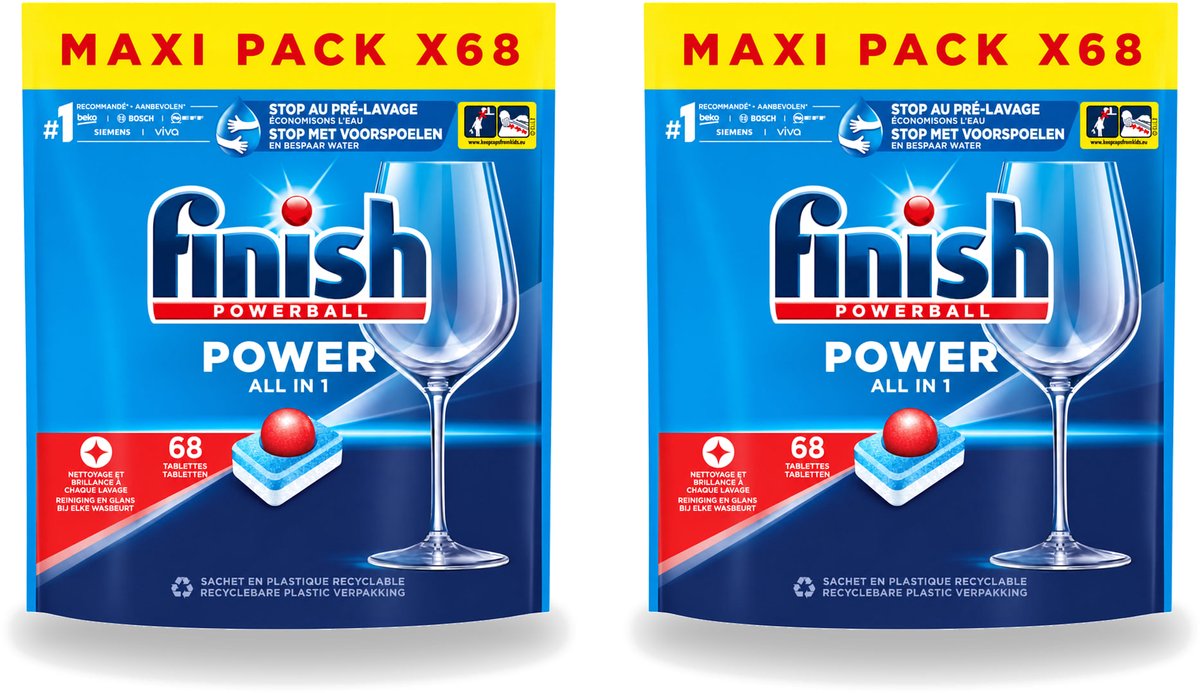 2 x Finish Powerball - Power All in 1 - Vaatwastabletten - Reiniging & Glans - 68 Tabletten - Voordeelverpakking - 2 stuks