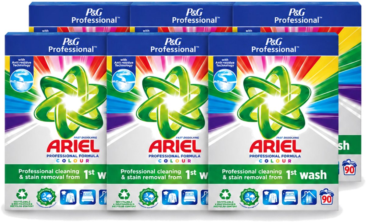 6 x Ariel Professional - Waspoeder - Gekleurde Was - 90 Wasbeurten - Voordeelverpakking - 6 stuks