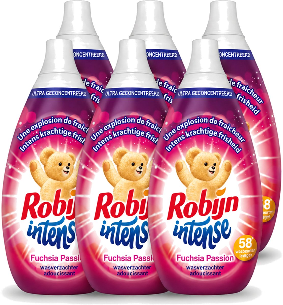 6 x Robijn Intense - Wasverzachter - Intense Fuchsia Passion - 870ml - 58 Wasbeurten - Voordeelverpakking - 6 stuks