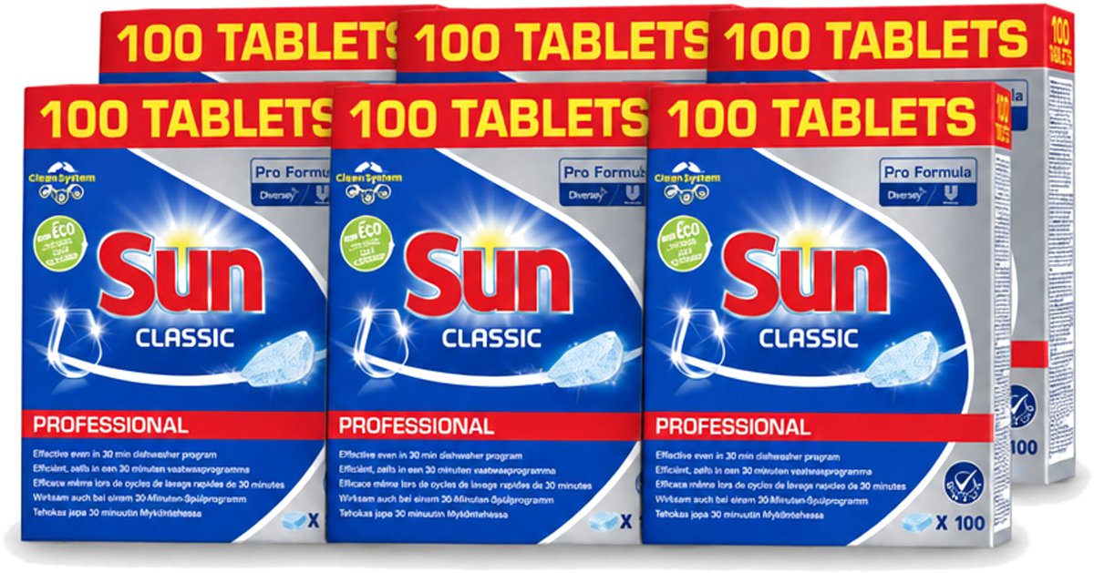 6 x Sun Classic - Pro Formula - Vaatwastabletten - 100 Tabletten - Voordeelverpakking - 6 stuks