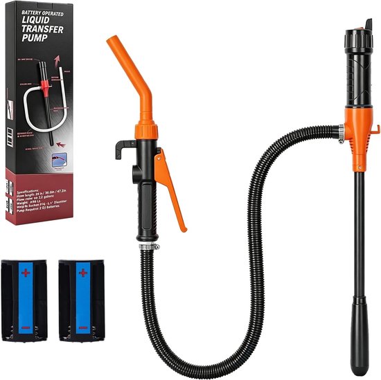 Elektrische pomp met oranje tuit, zwarte slang en batterijcompartiment, met twee D-batterijen.
