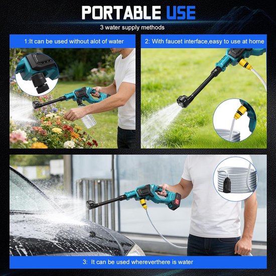 Autoreiniger, 80 bar, 6-in-1, draadloze hogedrukreiniger met verstelbaar mondstuk, autowas met drietraps instelling, voor huis, tuin, hek (twee batterijen) — afbeelding 5