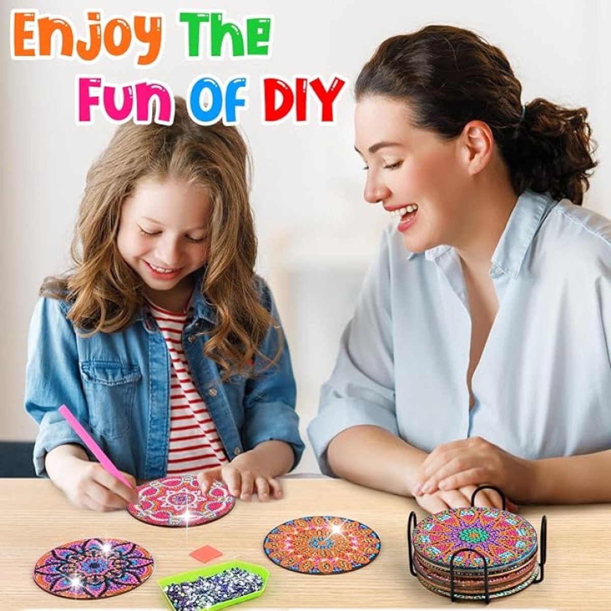 Diamantkunst Onderzetters Set - 10 stuks met Houder - 5D Diamantschilderij DIY Pakket voor Volwassenen en Kinderen - Mandala Antislip