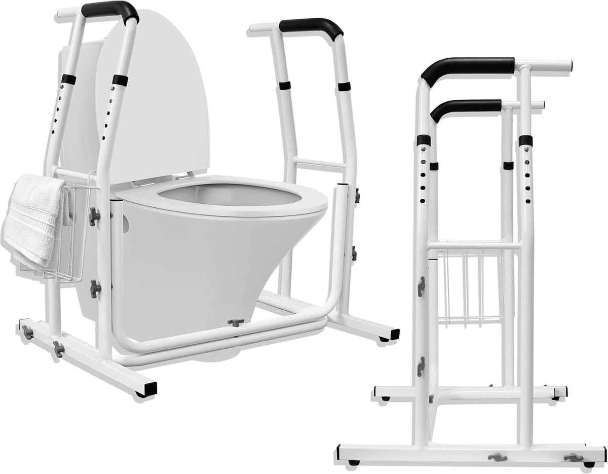 Mobiele opstahulp, toiletframe, in hoogte verstelbaar, wc-steunframe met opbergmand, veiligheidsframe voor toiletsteunen, toiletondersteuningsframe voor badkamer, belastbaar tot 200 kg
