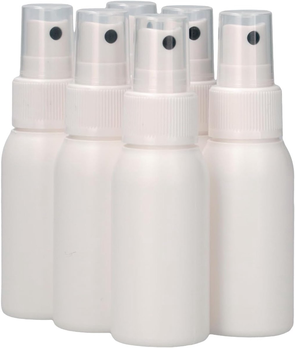6 x 50 ml ronde fles HDPE wit + Sprayfles pomp wit - BPA Vrij - Niet Breekbaar - Plastic Flesjes Navulbaar - Met Dop - Lege Flessen - 6 stuks