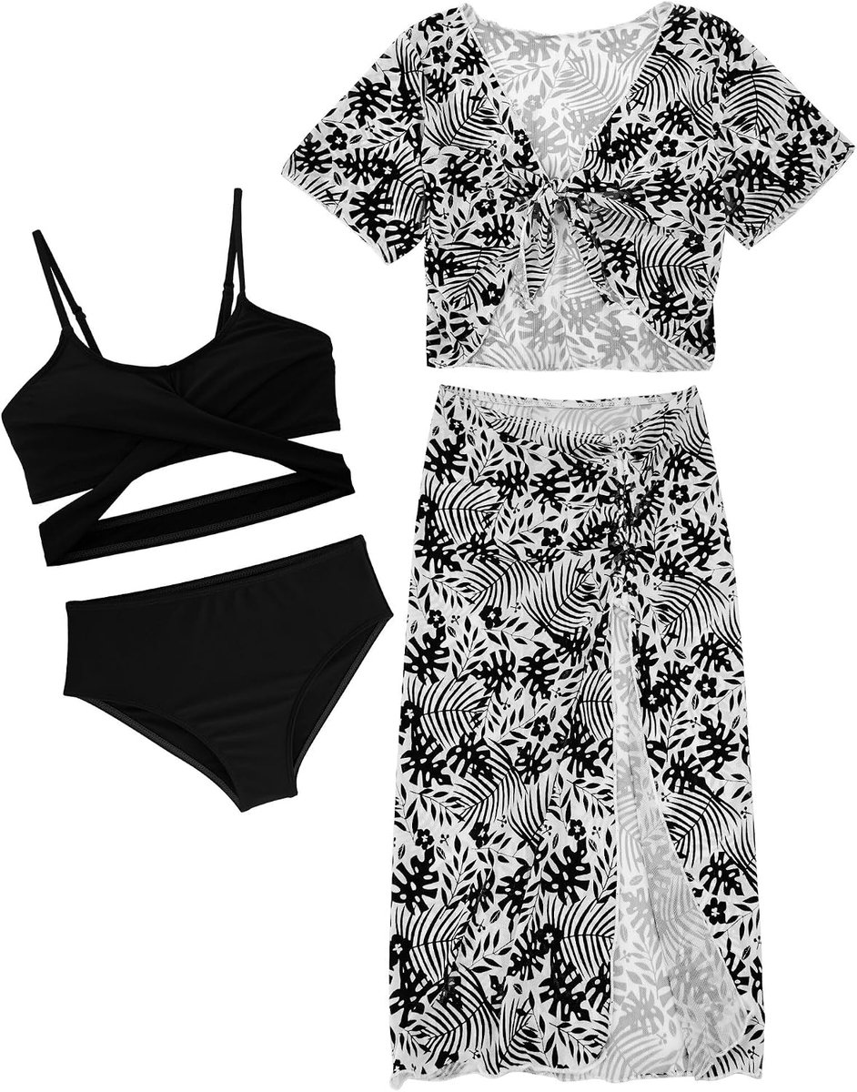 Meisjesbadpak, 4 stuks, bikini, badpak, cover-up top met strandshorts, rok, kinderen, zwemmen, kostuum, surfen, badmode, 8-12 jaar