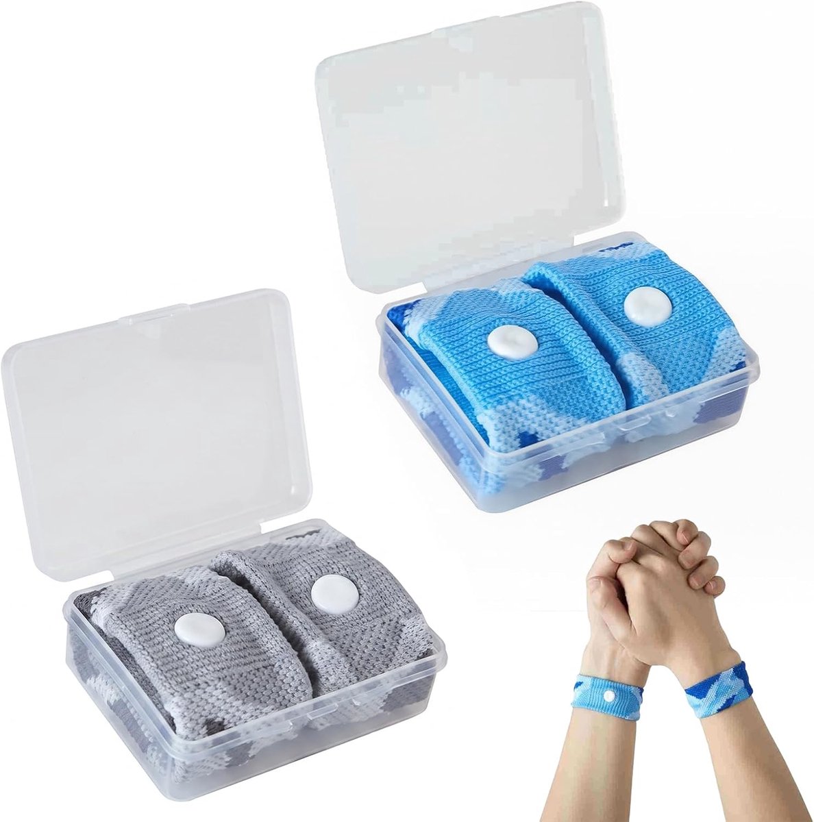 2 paar anti-misselijkheidsarmbanden voor transportpijn, acupressuurarmband voor kinderen en volwassenen, tegen zeekwaad, auto, vliegtuig, met opbergdoos, grijs en blauw, camouflage