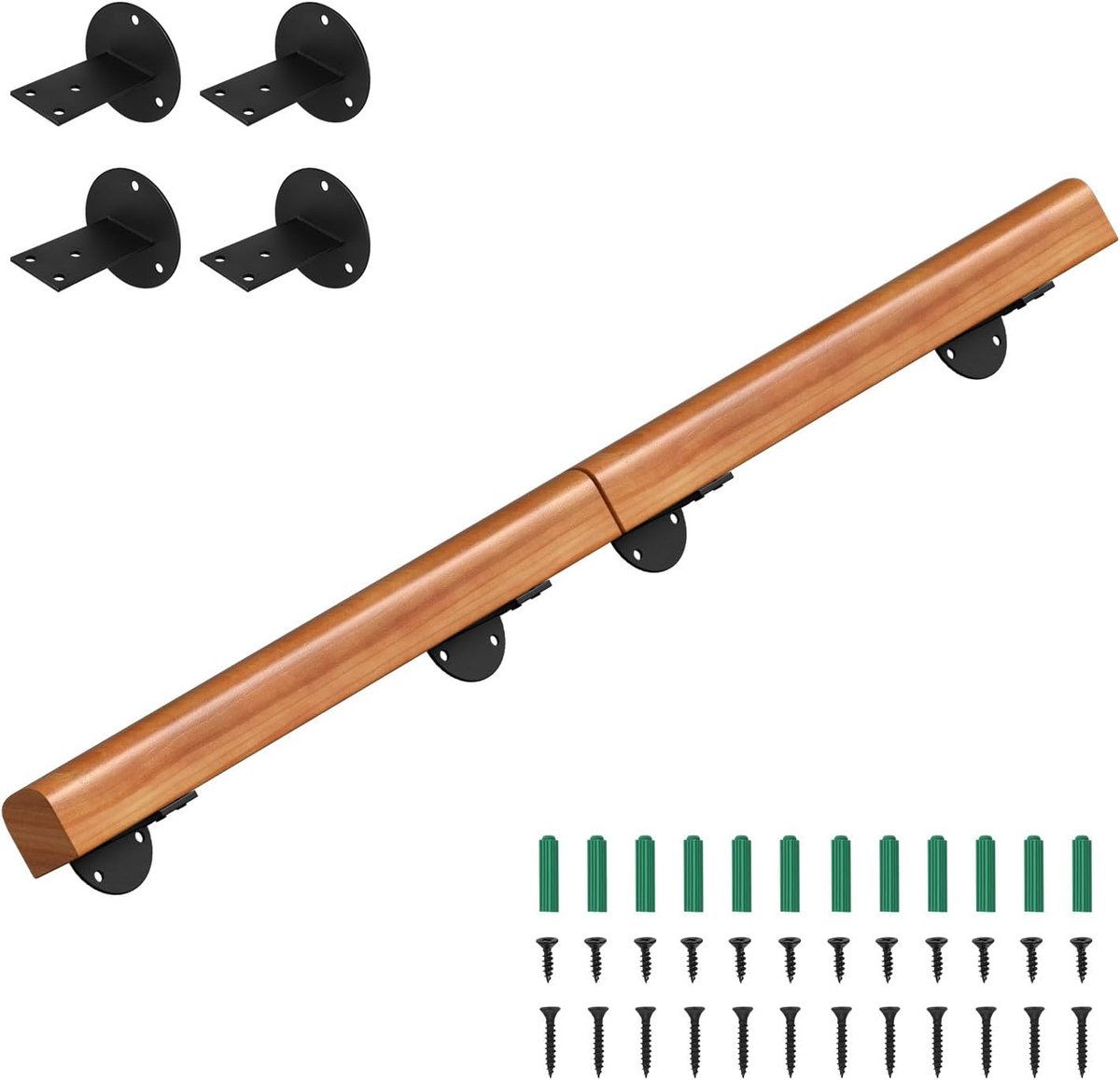 Grenenhout, 120 cm, leuning, wandgemonteerde trapleuning, halfrond, hout, antislip houten leuning met wandhouders, montagemateriaal, licht walnoot