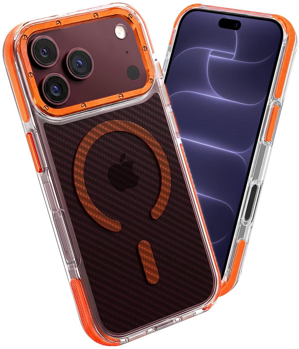 Hoesje - Geschikt voor Apple iPhone 18 Pro - Magsafe Compatible - Carbon Look - Sterk & Shockproof - Back Cover - Telefoon Hoes Shockproof - Shock Proof Case - Telefoonhoes - Oranje