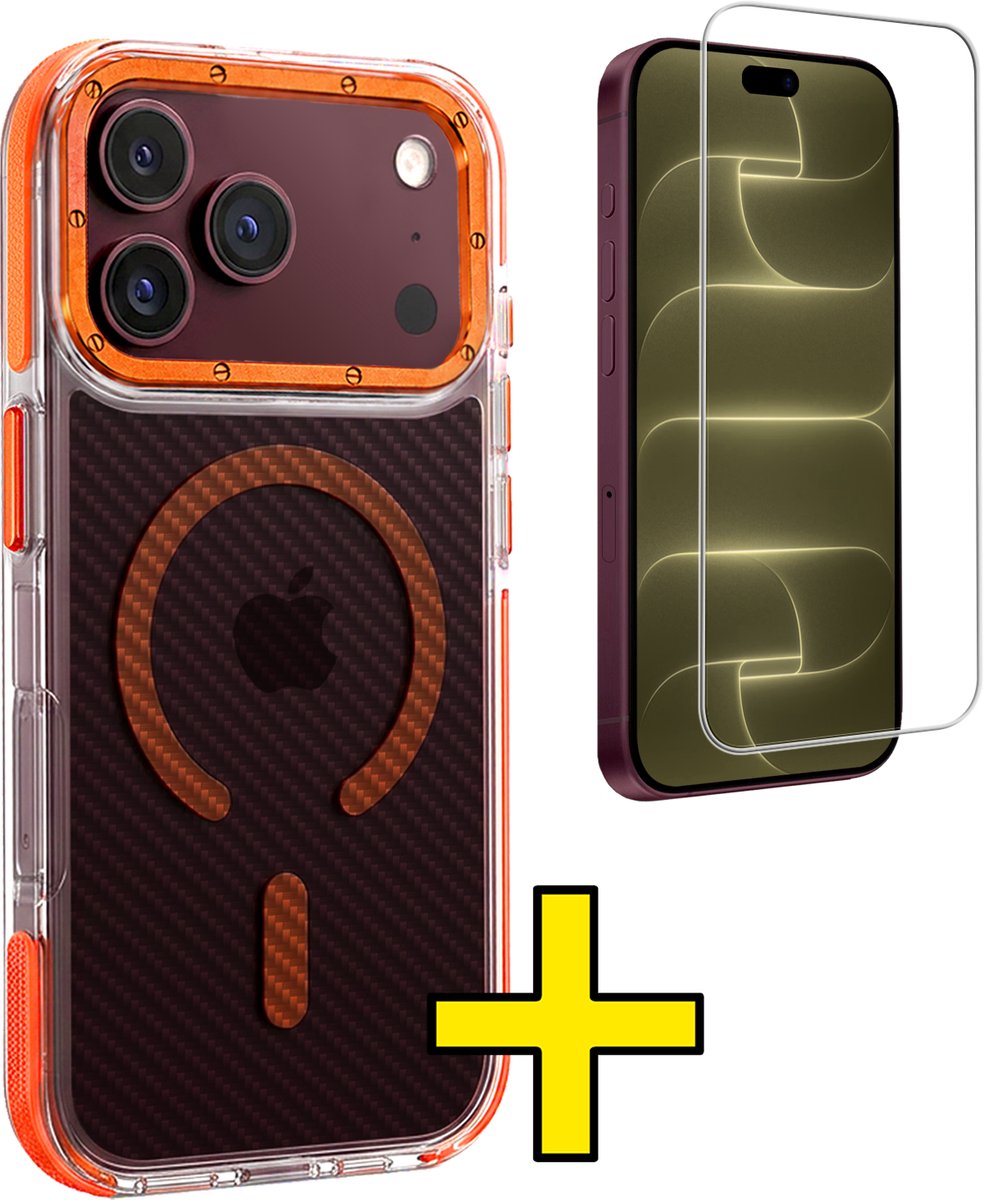 Hoesje - Met Screenprotector - Geschikt voor Apple iPhone 18 Pro Max - Magsafe Compatible - Carbon Look - Sterk & Shockproof - Back Cover - Shock Proof Case - Telefoon Hoes - Telefoonhoesjes - Oranje