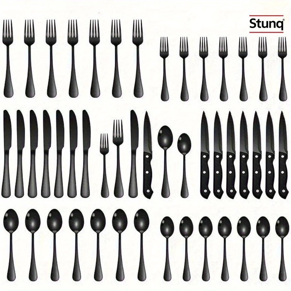 Stunq® 30-delige zwarte bestekset met steakmessen, RVS servies