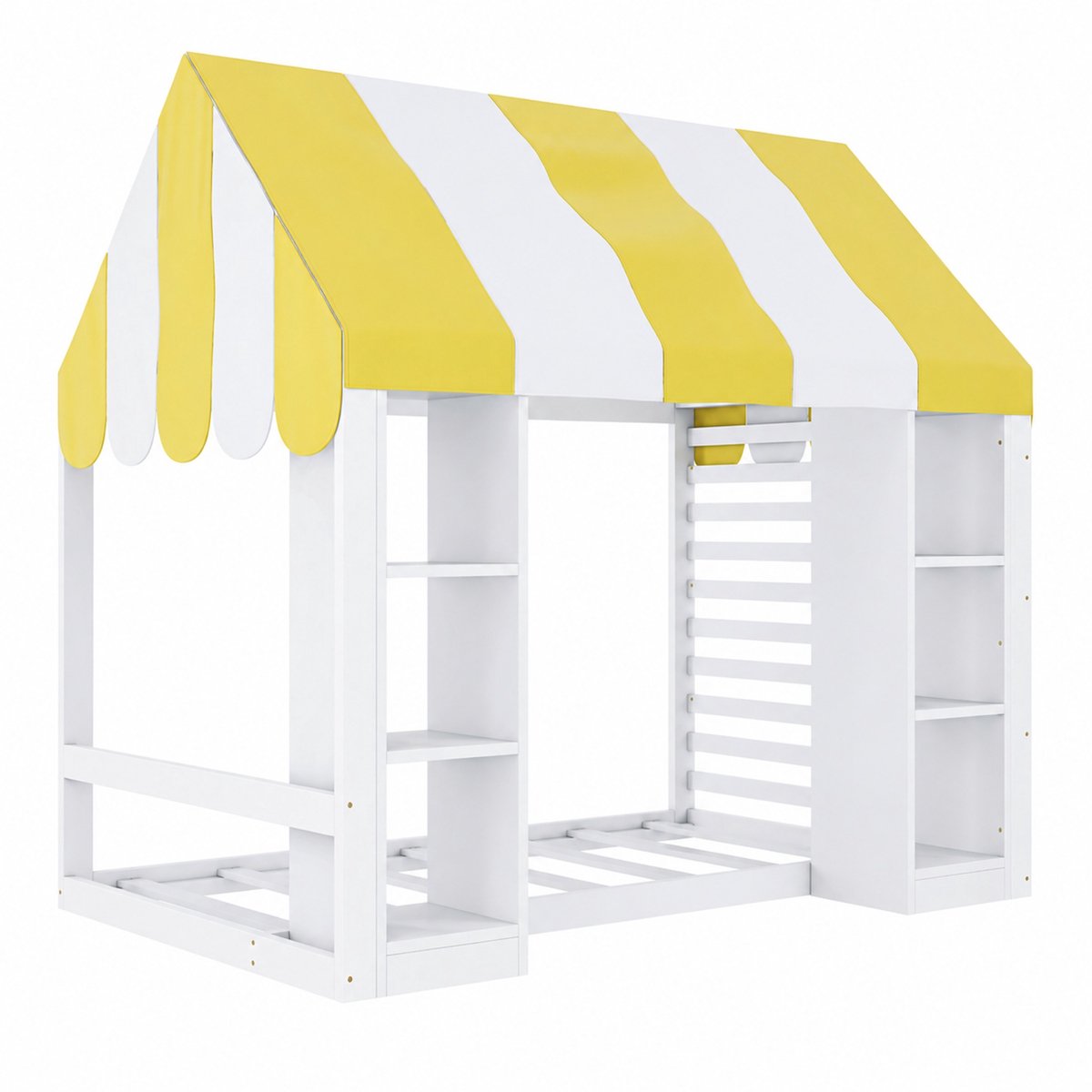 WUVRIE Hoogslaper 90x200 cm met hemel, open opbergruimte en houten frame, wit/geel