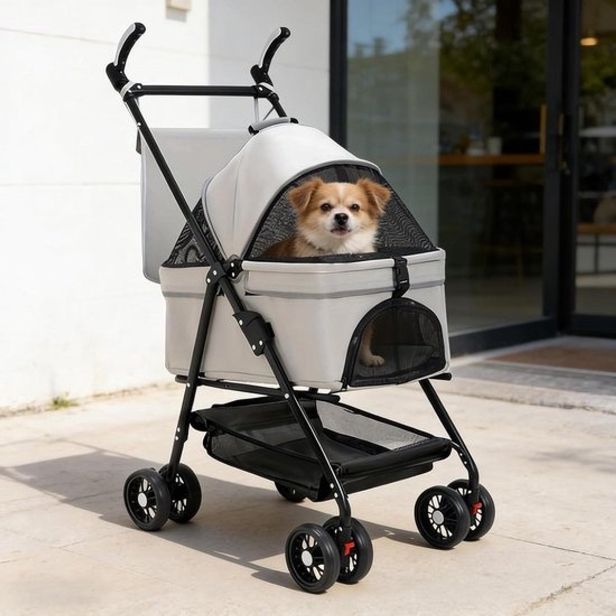 Huisdierbuggy 3-in-1 - Hondenwagen Kattenbuggy - Reizen met Huisdier - Afneembare Mand - Tot 20 kg - Zwart Grijs