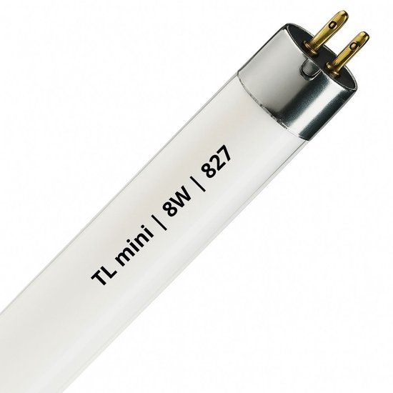 Witte TL mini tl-buis 8W 827 met G5-fitting en metalen uiteinden.