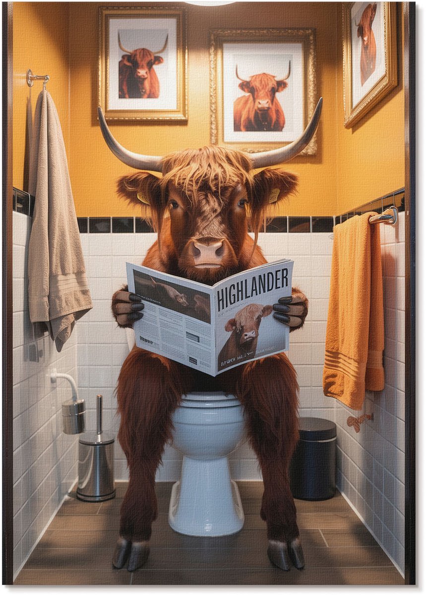 Tulup Polycanvas Poster - Buffel Op Het Toilet, Illustratie - A4 - Oranje Design - Rechthoek - Decoratieve poster - Woonkamer, Slaapkamer, Kantoor - Humoristisch