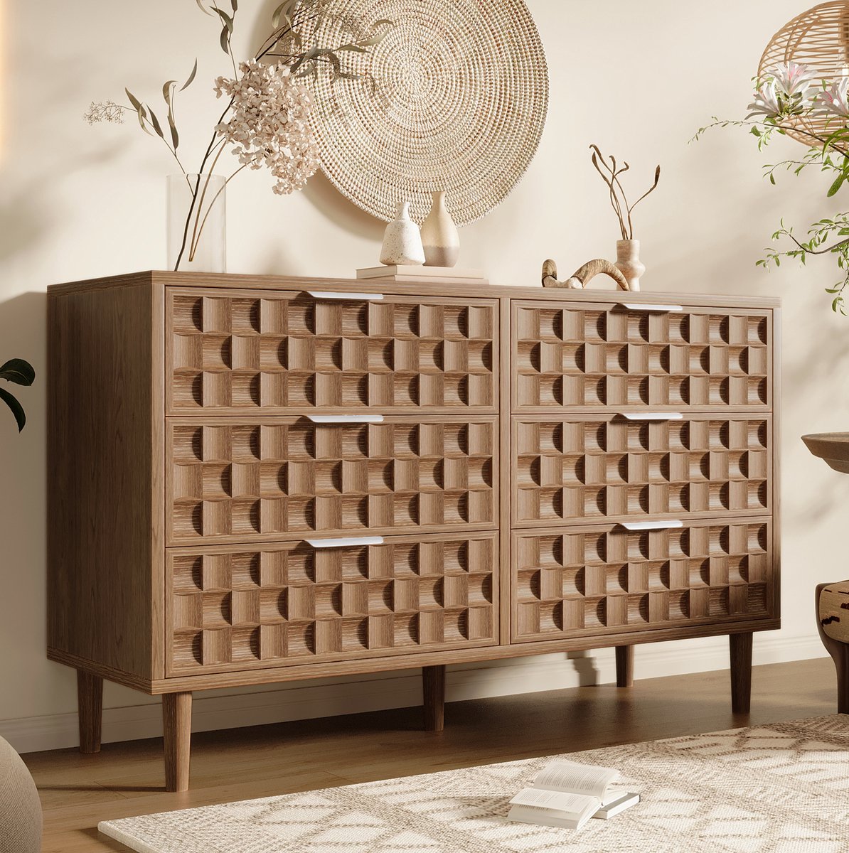 MODENUIT Dressoir - 6 Lades - Mid-Century Opbergkast Voor Woonkamer En Slaapkamer - MDF - Eiken - 120x37x77 Cm