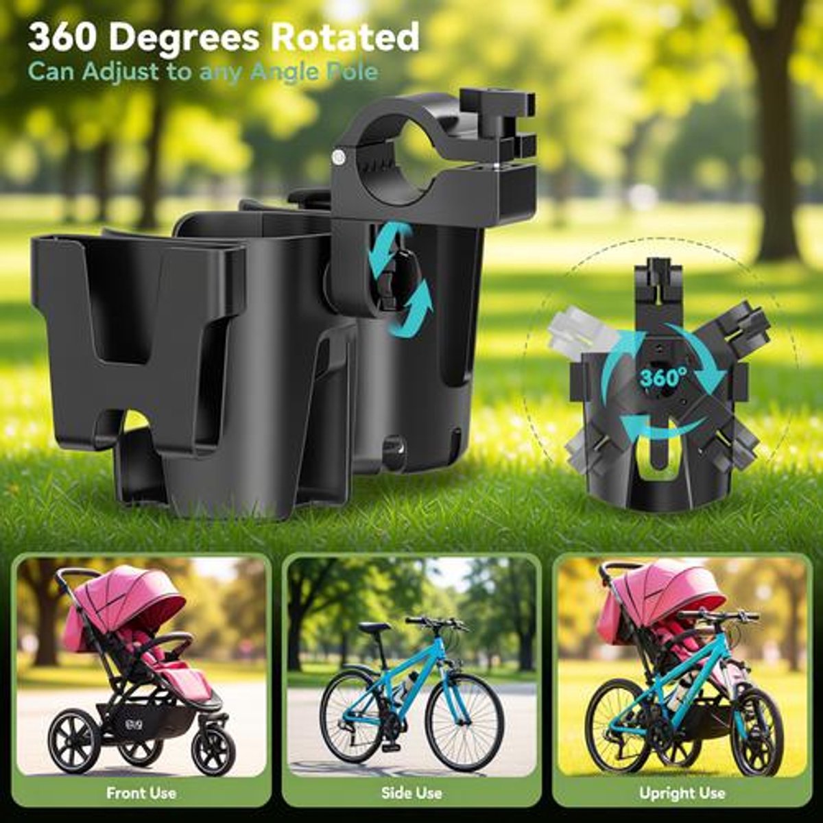 3-in-1 Kinderwagen Bekerhouder met Telefoonhouder, Universele Fleshouder 360° Rotatie voor Kinderwagen Fiets Scooter