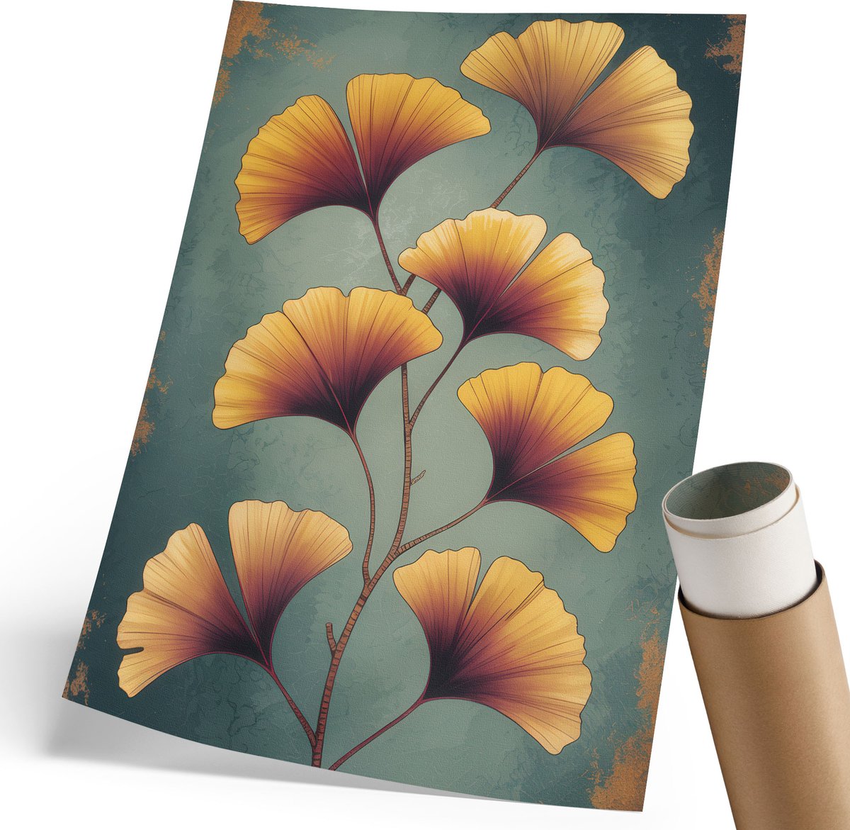 Coloray Polycanvas Wandposter - Ginkgo Bladeren, Illustratie - 210 x 297 mm - Turkoois Illustratie - Rechthoek - Wandkunstwerk - Woonkamer, Slaapkamer, Kantoor - Artistiek