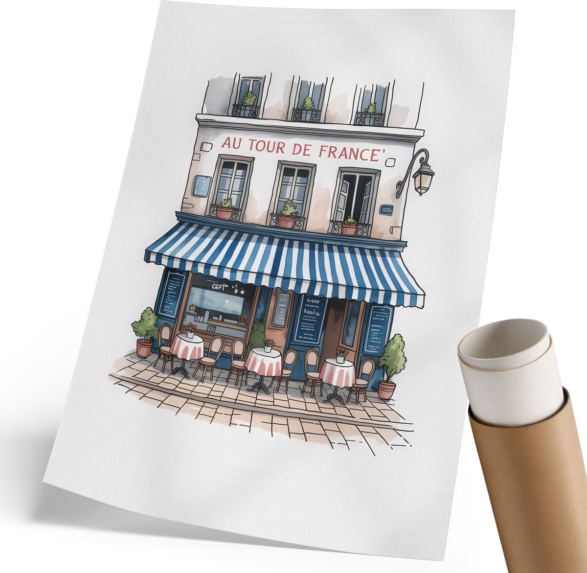 Coloray Canvas Poster Polycanvas - Frans Café, Illustratie - 210 x 297 mm - Beige Patroon - Rechthoek - Kunstposter - Woonkamer, Slaapkamer, Kantoor - Kinder