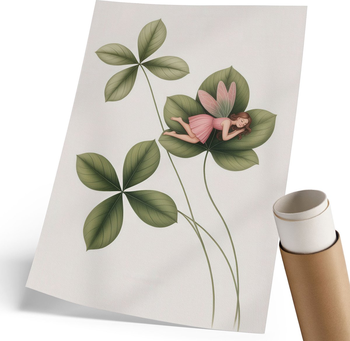 Coloray Polycanvas Wandposter - Fee Op Een Bloem, Illustratie - 210 x 297 mm - Groen Design - Rechthoek - Canvasposter - Woonkamer, Slaapkamer, Kantoor - Kinder