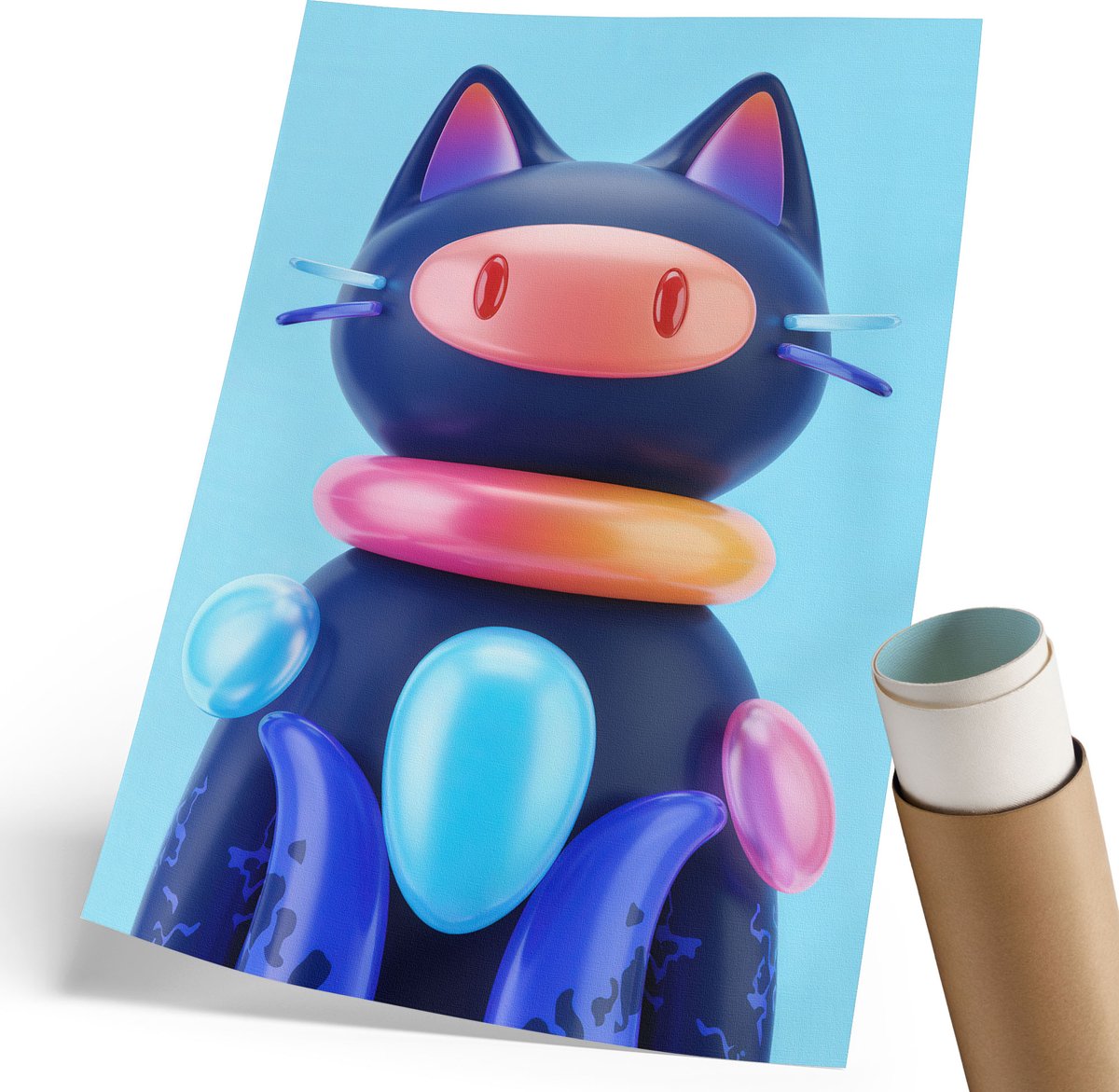 Coloray Polycanvas Wandposter - Futuristische Kat, Illustratie - 210 x 297 mm - Blauw Design - Rechthoek - Interieurdecoratie - Woonkamer, Slaapkamer, Kantoor - Kinder