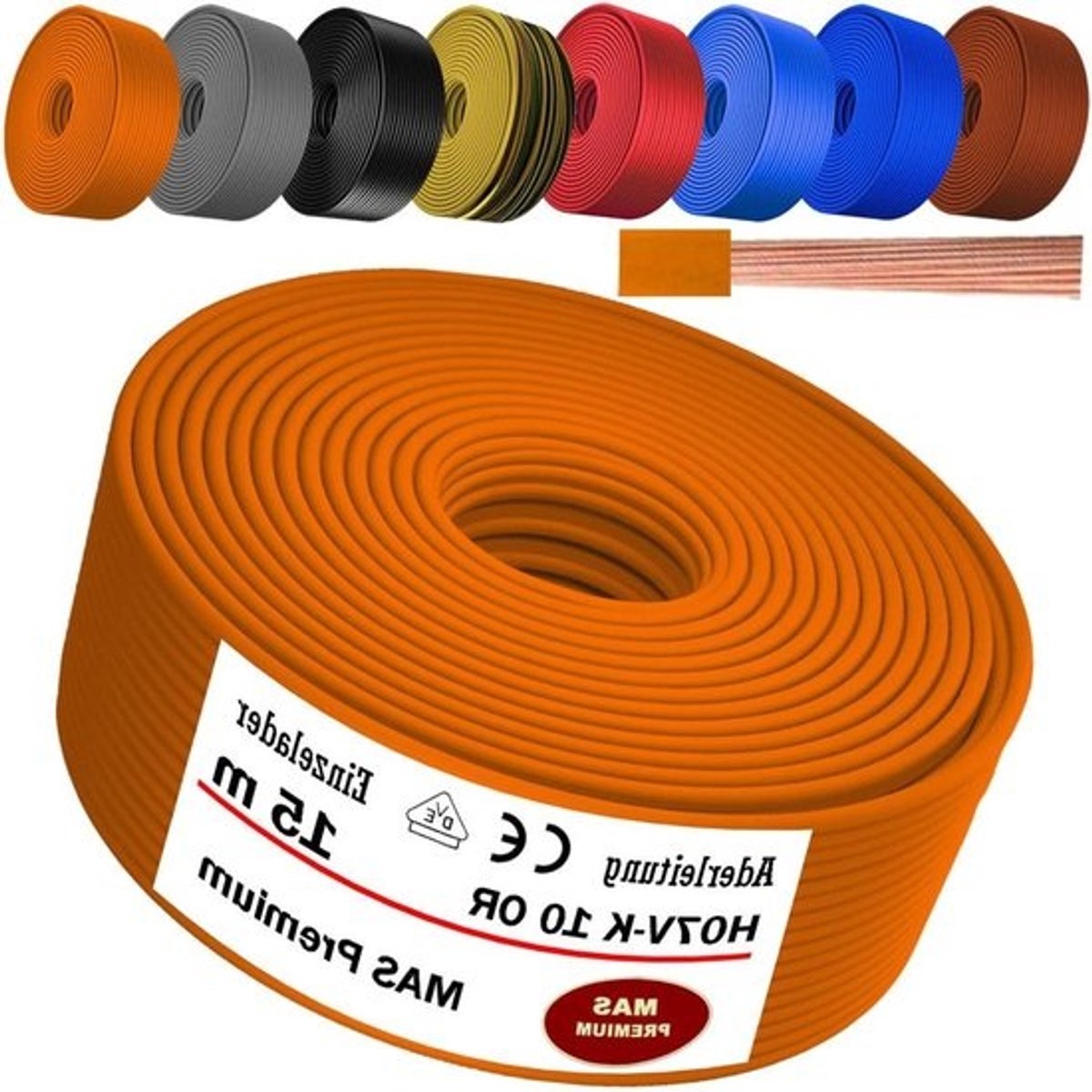 Aderkabel H07V-K - Enkele kabel flexibel - Elektrische installatie - Meerdradig koper - 15 meter - Oranje