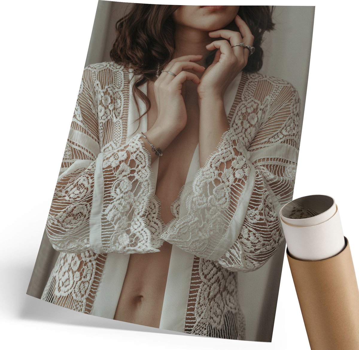 Wallfluent Polycanvas Wandposter - Vrouw Met Een Mand, Collage - 297 x 420 mm - Zwart Design - Rechthoek - Wandkunstwerk - Woonkamer, Slaapkamer, Kantoor - Vintage