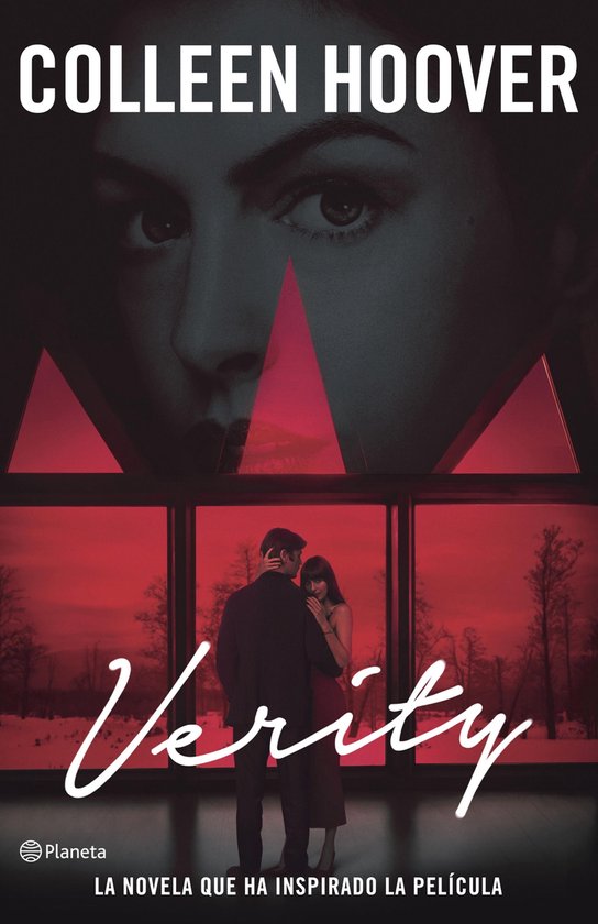 Boekomslag met "COLLEEN HOOVER" bovenaan. Een stel staat voor een raam met rode tint. "Verity" staat in handschrift.