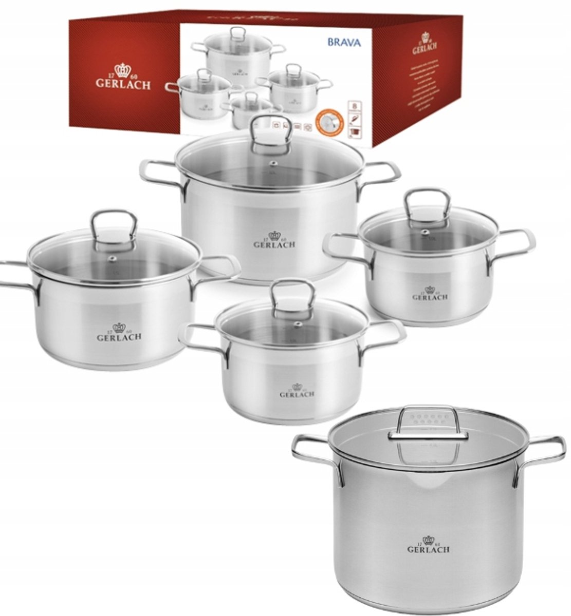 Gerlach Brava pannenset 8-delig + 7L pan met deksel, RVS, Inductie