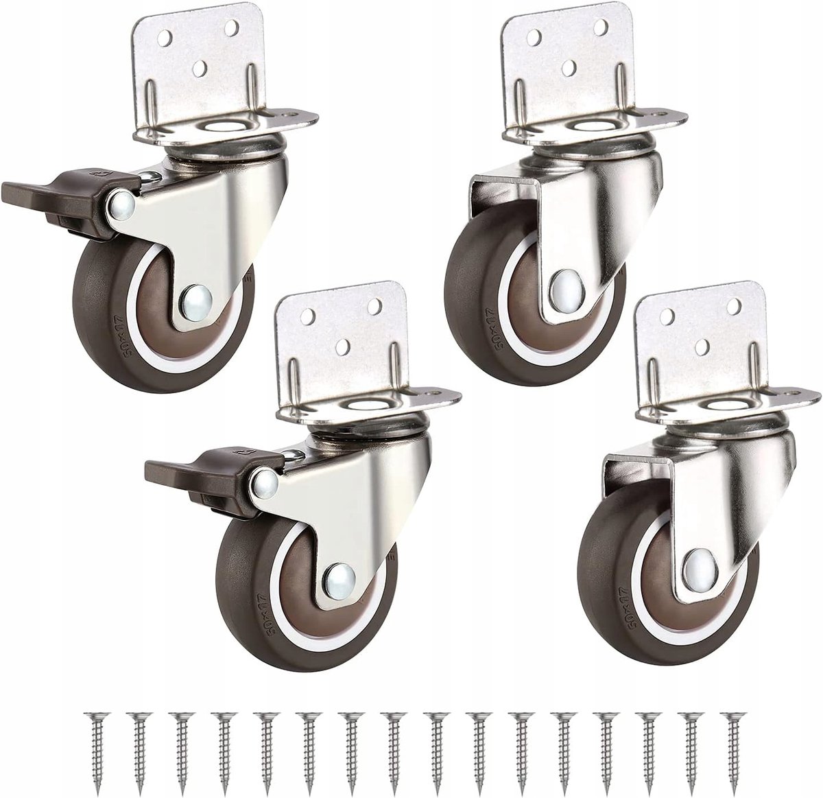 4 Zwenkwielen met Rem, 50 mm, Rubber, 65 mm Hoogte