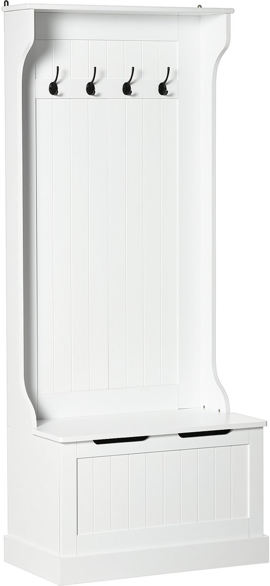 Halmeubel 4-in-1, halmeubel met opbergbank en 4 dubbele haken, 71,5 x 39,5 x 170 cm, wit