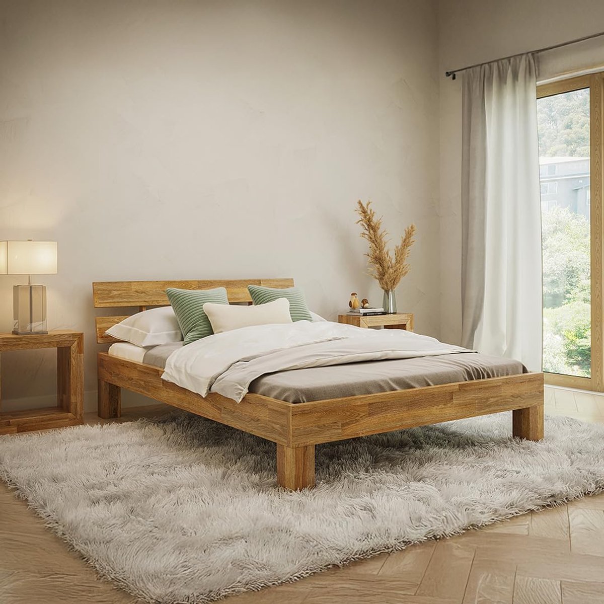 Bedframe 140x200 cm - Massief eiken ledikant met hoofdeinde - Industrohome - Natuurlijke houtlook - Geschikt als tweepersoonsbed