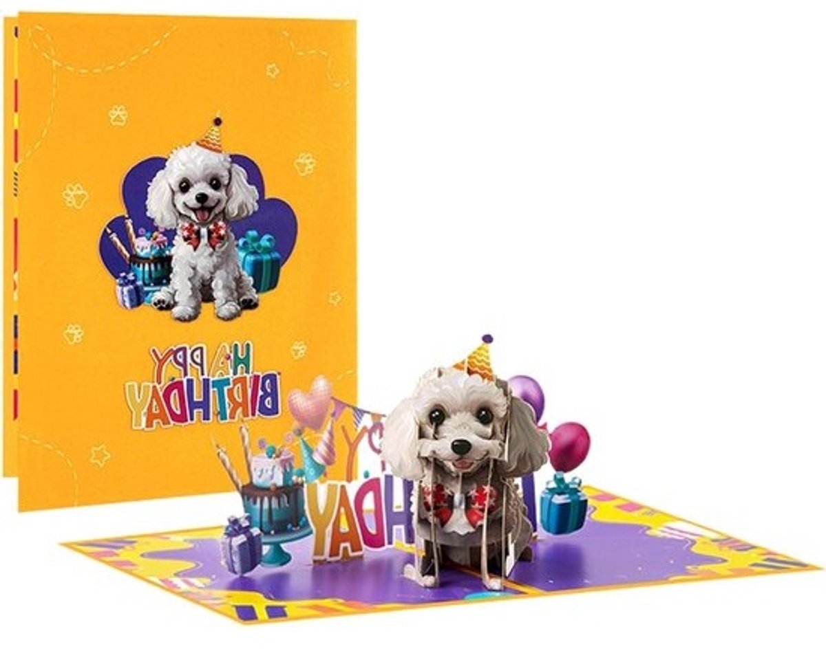 Grappige verjaardagskaart - 3D Ansichtkaart - Feestelijke Groeten - Dynamische Hond Illustratie - 30x20cm - Geel