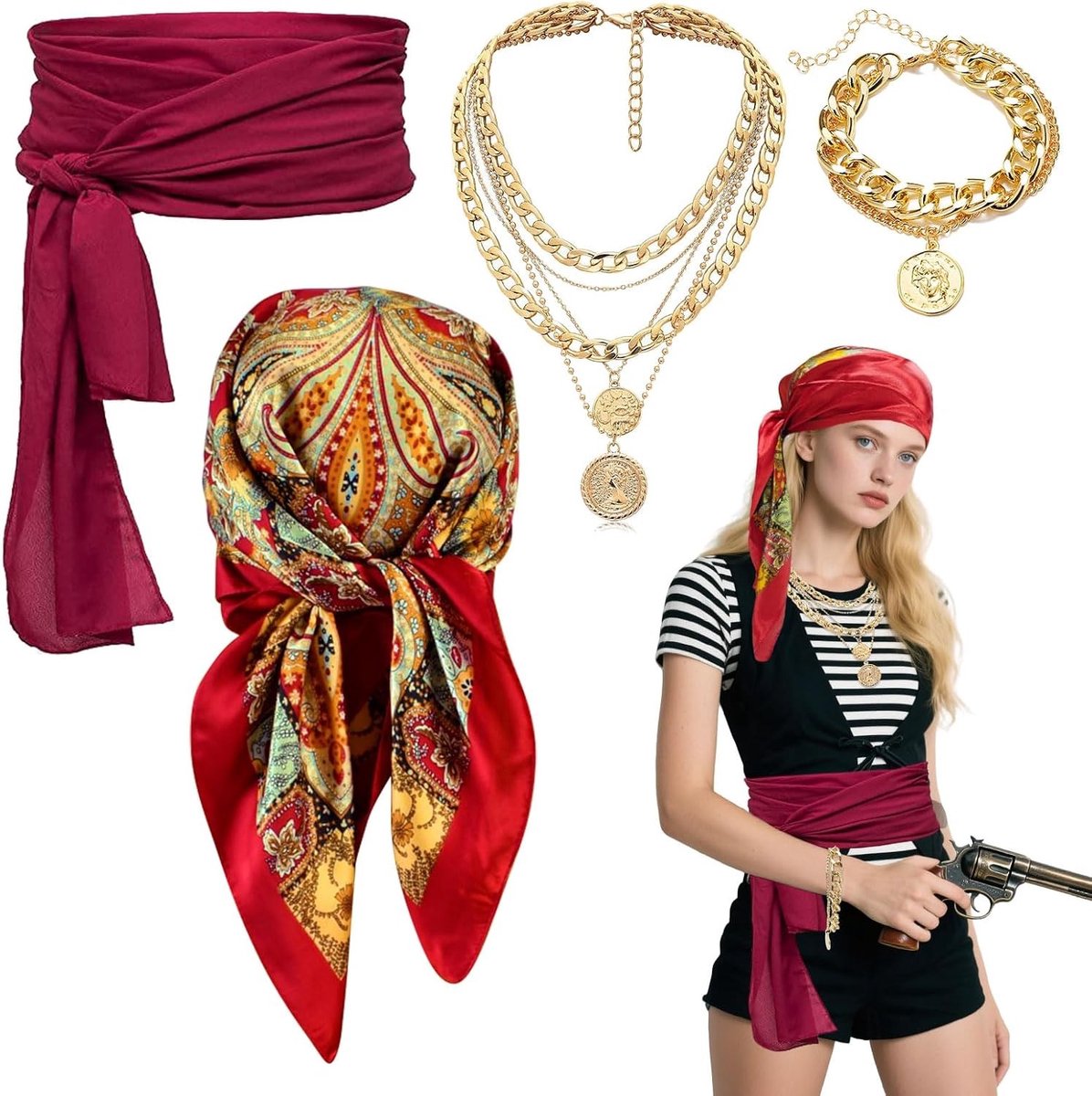 Piratenkostuum Accessoires Set voor Volwassenen met Bandana, Sjerp, Riem en Sieraden voor Halloween Feest