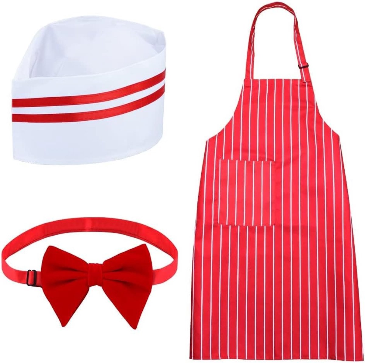 Retro Oberkostuum Accessoires voor Volwassenen met Gestreepte Schort, Kookmuts en Rode Strik - Ideaal voor Restaurant Thema's en Carnavals Rollenspellen