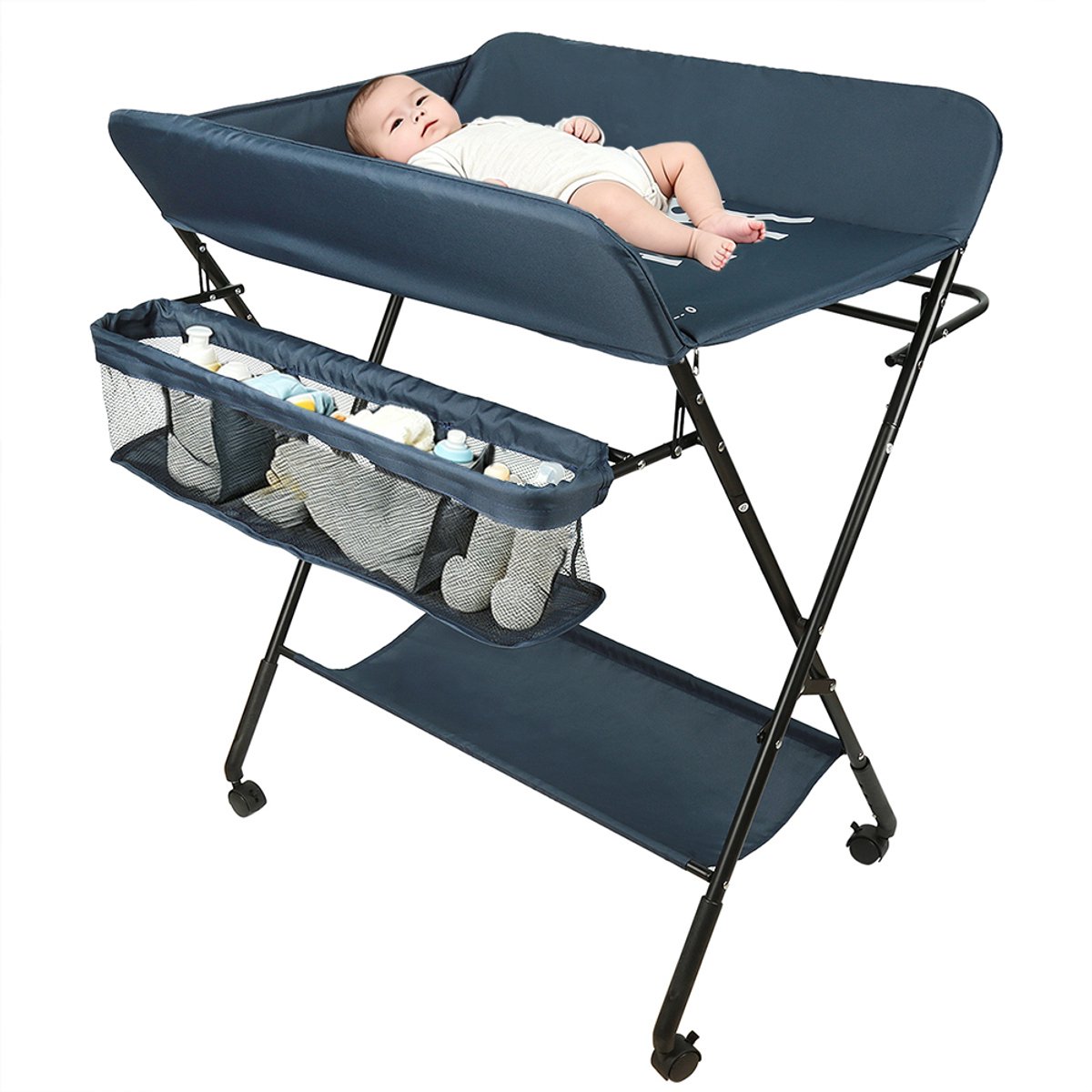 PIPIPOXER Luiertafel opvouwbaar - Met wielen - Vrijstaande Verschoontafe- Afneembare Zij-Caddy - Verstelbare Hoogte – Aankleedkussen - Verzorgingstafel - Opvouwbare & Mobiele commode - Donkerblauw