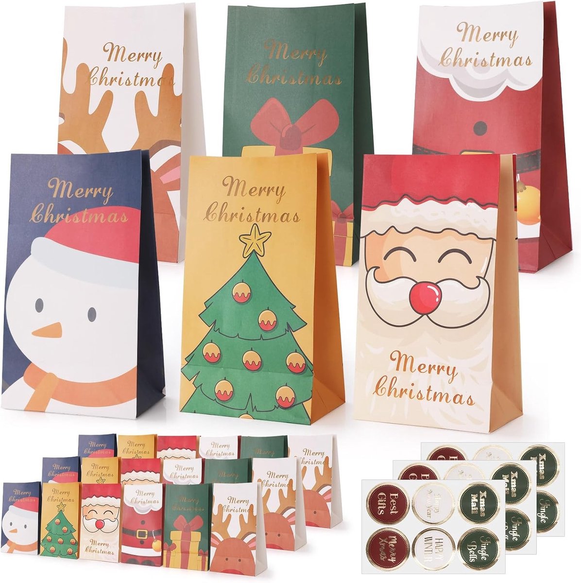 18 Stuks Cadeautassen voor Kerstmis Adventskalender - Papieren Tassen voor Snoep, Koekjes en Feestjes met 18 Stickers, 27 x 15 x 9.6 cm