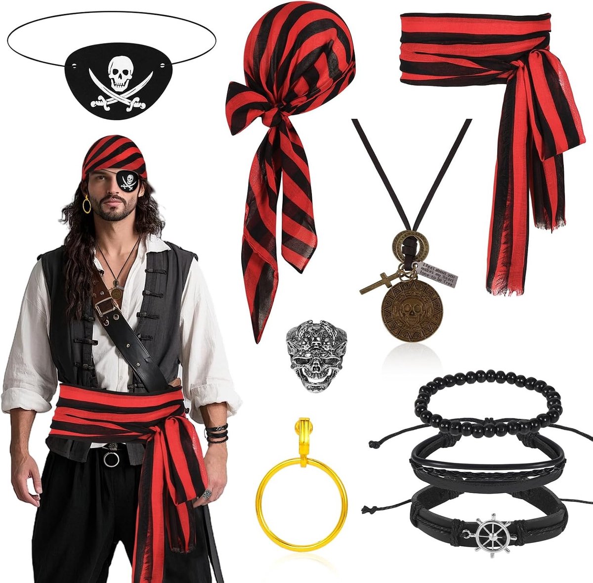 Piratenkostuum voor Volwassenen met Bandana, Grote Sjerp, Ooglapje en Sieraden voor Feestelijke Verkleedpartijen