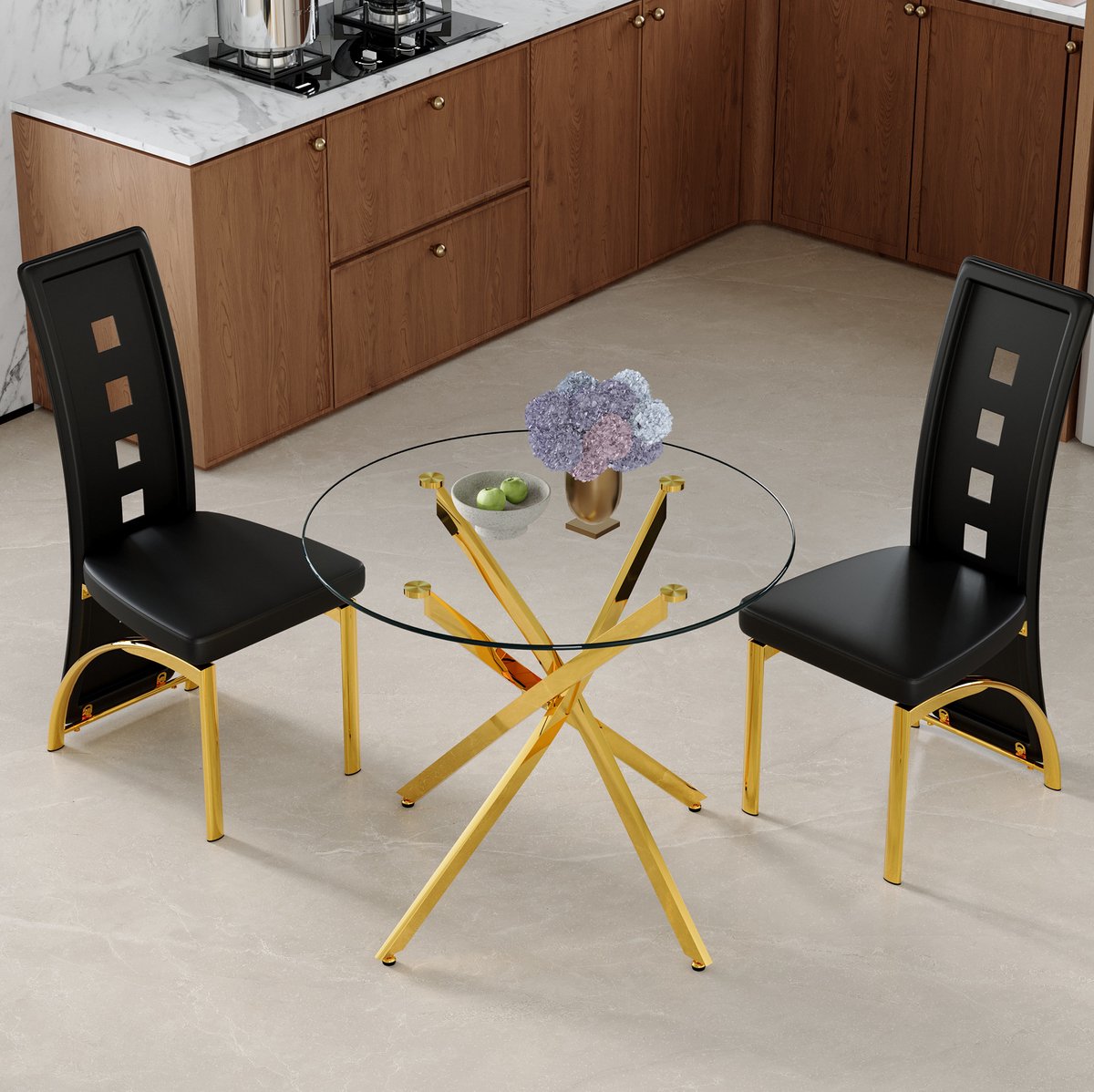 MODFU-Set Tafel En Stoelen-Rond Glas-Metaal-Zwart En Transparant