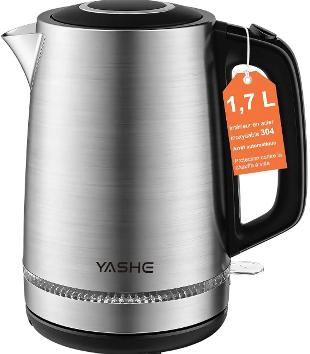 Waterkoker 1,7 L – 2200 W – RVS 304 – Snoerloos – 360° Draaibare Basis – Automatische Uitschakeling-Zilver / RVS met zwart